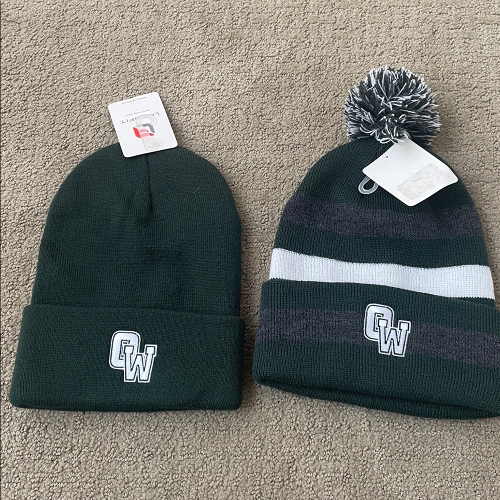 SUNY Old Westbury hunter green ski winter hats NWT NEW lot of 2 men women